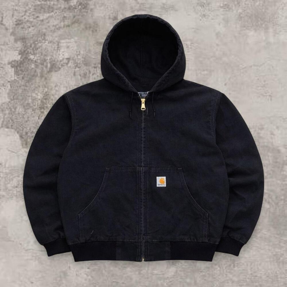Black Carhartt Jacket J130 Duck Canvas Firm Hooded Zip Up Large Rugged Insulated